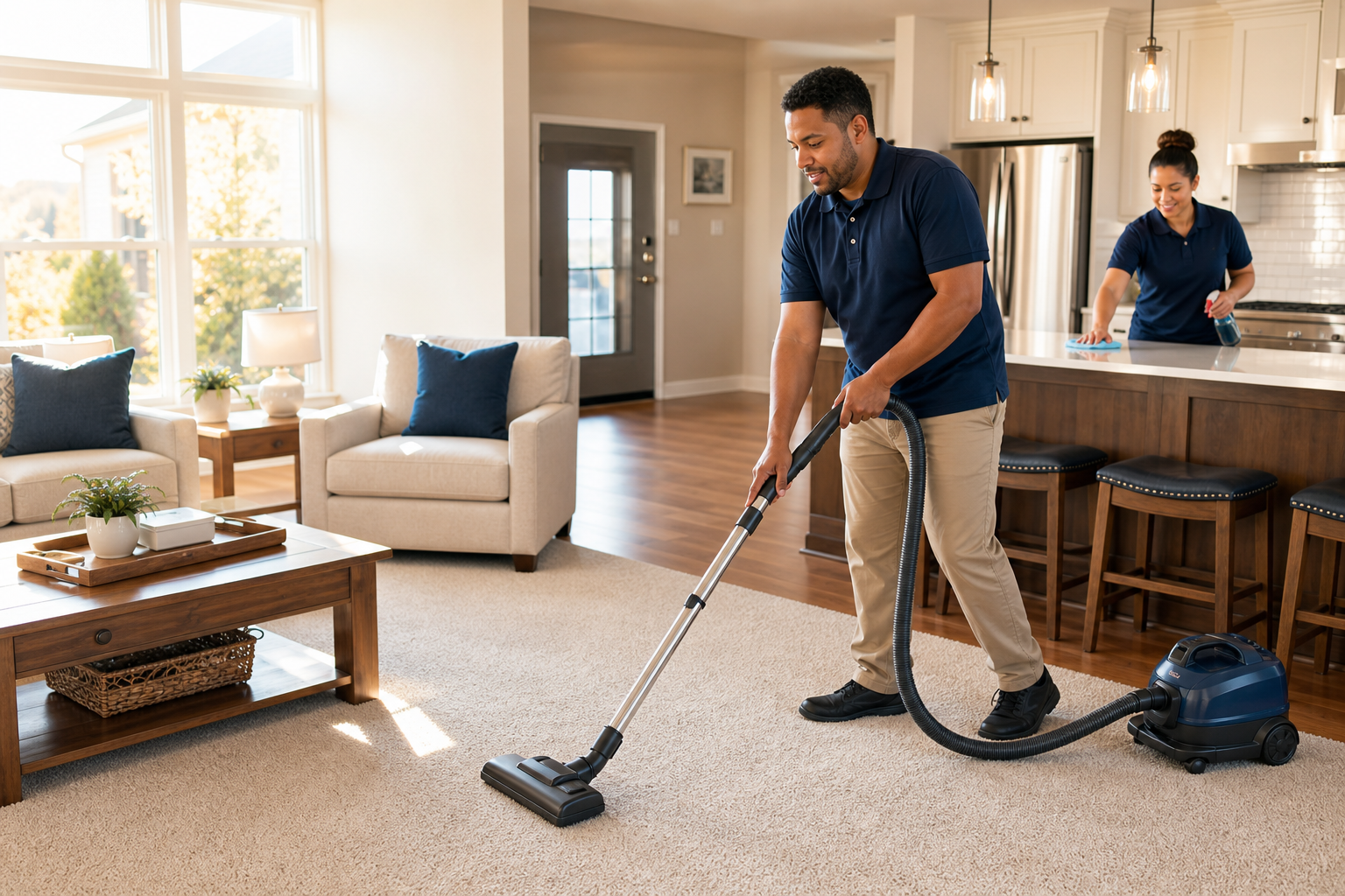 A professional cleaning team vacuuming and wiping down a bright family home